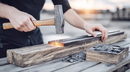 Carpenter skillfully using a chisel and hammer to shape wood while working at sunset on a rustic workbench creating exquisite craftsmanship