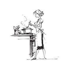 Black and White Illustration of Beautiful Woman Cooking in the Kitchen Minimalist Elegant Artwork Design