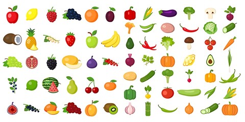 Colorful collection of fresh fruits and vegetables on white background