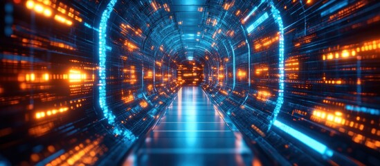 Futuristic illuminated tunnel with glowing orange and blue light panels creating a high-tech cyber corridor atmosphere