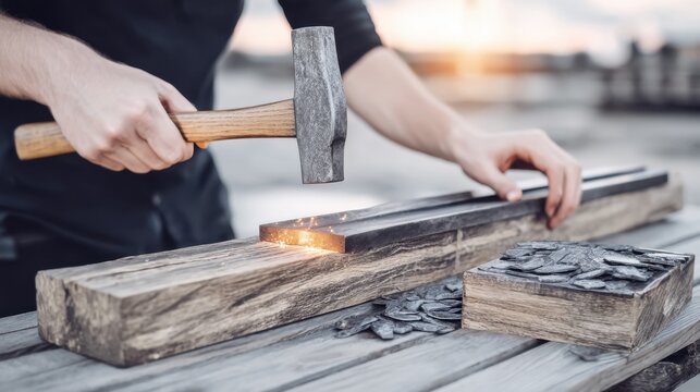 Carpenter skillfully using a chisel and hammer to shape wood while working at sunset on a rustic workbench creating exquisite craftsmanship