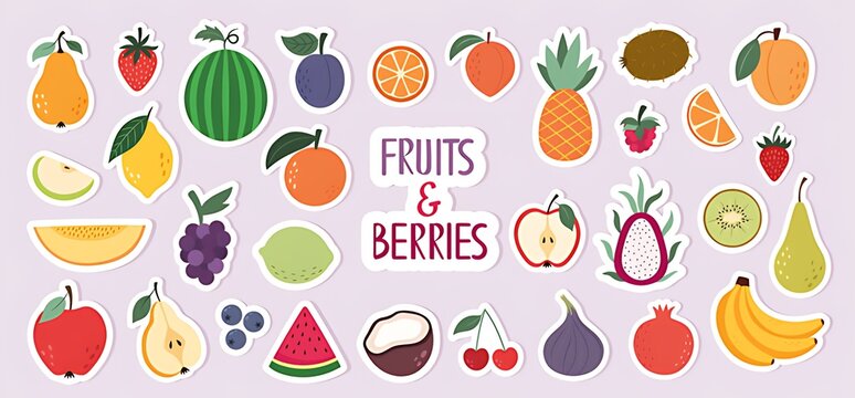 Assorted fruits and berries sticker set colorful vector illustration for healthy eating concepts iso
