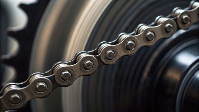 Close-up of a bicycle chain interacting with a gear, showcasing metal texture and movement. - Powered by Adobe