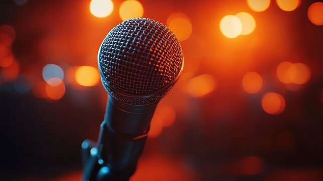 Close-up of a microphone with warm glowing bokeh lights in the background creating a vibrant and energetic atmosphere