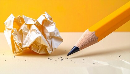 Sharp pencil and crumpled paper on vibrant yellow background symbolizing creativity and fresh start