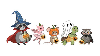 Enchanted Halloween Parade: A charming illustration features an enchanting Halloween parade of adorable animals in whimsical costumes, embracing the spirit of the season.