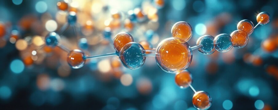 Close-up view of a molecular structure with interconnected transparent spheres in orange and blue hues against a blurred background, representing scientific complexity and precision