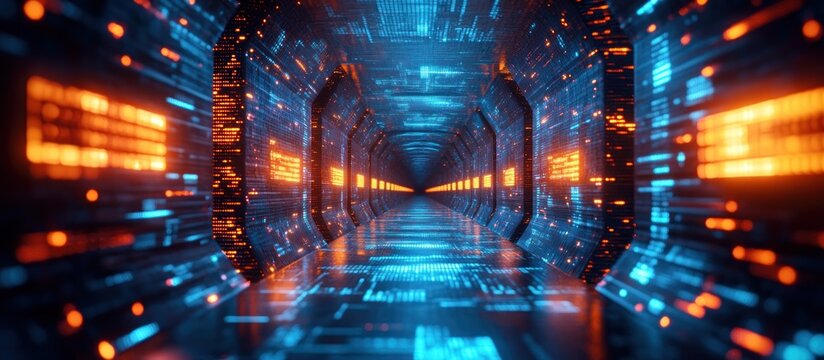 Futuristic illuminated corridor with glowing blue and orange digital lights creating a sense of depth and advanced technology