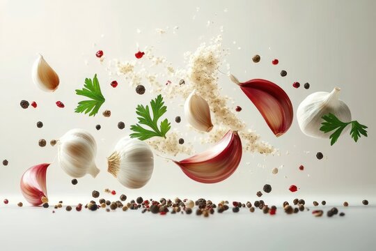 Floating garlic bulbs and cloves mixed with colorful peppercorns, parsley leaves, and a cloud of ground spices in a dynamic, lively arrangement