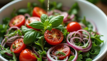 Fresh salad with cherry tomatoes and basil in kitchen