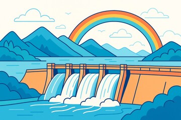 Fototapeta premium Colorful dam with flowing water and rainbow in scenic mountain landscape under light sky with clouds and birds in creative cartoon style. Ai generative