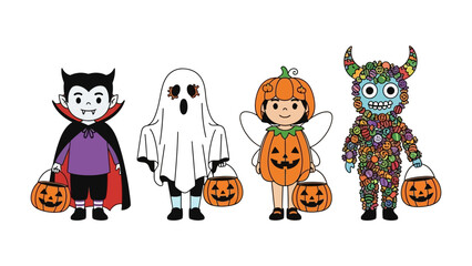 Halloween Characters' Gathering: A charming illustration features a delightful ensemble of classic Halloween characters, ready for trick-or-treating, their spooky yet endearing costumes.
