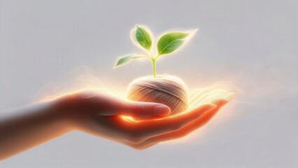 Hand holding glowing sprout growing from ball of yarn symbolizing care creativity and sustainable growth