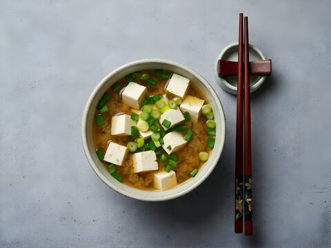 Comforting miso soup: A bowl of miso soup with tofu and scallions shot in top-down view