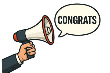 Congrats announcement concept. Man's hand in a suit holds a megaphone or loudspeaker. Speech bubble for congratulations, promotion, success, and victory. Business marketing banner.