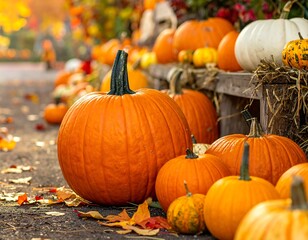 A vibrant autumn display of pumpkins and leaves.