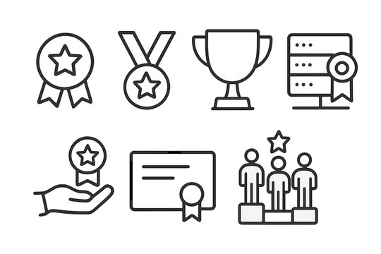 Award and achievement line icon set. Vector symbols of success, victory, and recognition. Includes winner trophy, medal, prize ribbon, certificate, and podium for first place.