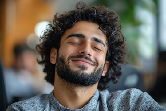 Close-up photo of a smiling young Asian man sitting outside in a suit and headphones, holding a tablet and talking on a video call, exuding confidence and professionalism multitasking, Generative AI