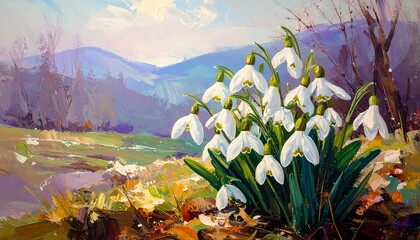 Snowdrop flowers in a spring landscape painting