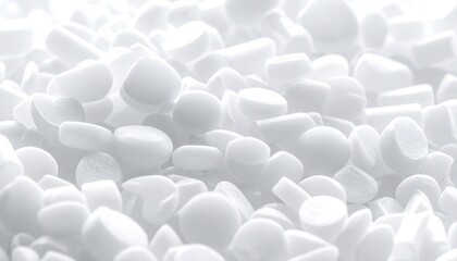 Close-up of many small, white, round pellets