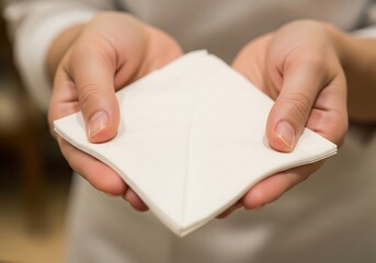 Hands presenting a neatly folded stack of white paper napkins or tissues with gentle care