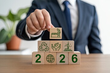 Businessman stacking blocks with sustainability icons and year 2026 building a green future