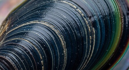 Iridescent Mussel Shell Macro with Concentric Lines and Vivid Color Play