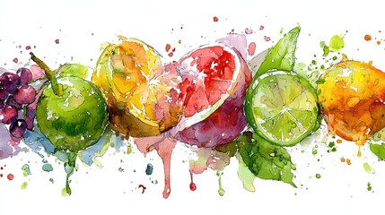 A vibrant watercolor illustration featuring an array of fruits, including grapes, apples, oranges, and limes, with colorful splashes and leafy accents.