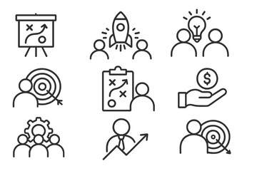 Business strategy line icon set. Startup, teamwork, people, plan, payment, management, target. Employee infographic. Financial growth. Goal achievement. Vector icons.
