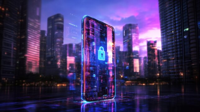 Smartphone displaying glowing padlock icon in urban night scene - Powered by Adobe