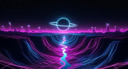 Neon planet landscape with river flowing through the valley at night