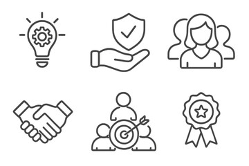 Core values web icon set in thin line style. Business ethics symbols for innovation, integrity, customer focus, teamwork, goals, partnership, quality and achievement.