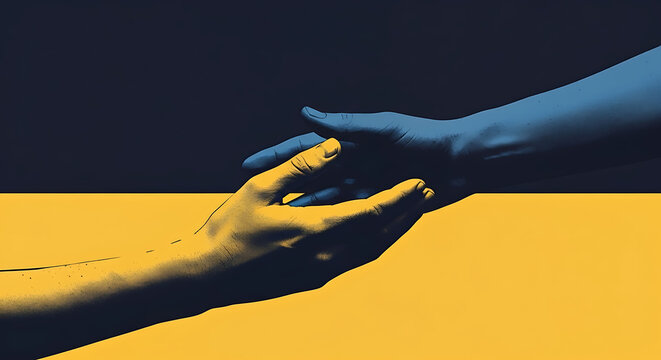 Hand reaching out for support and unity against darkness, a symbol of hope and solidarity in blue and yellow tones for Ukraine's strength