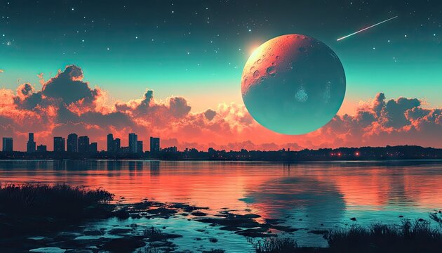 Cityscape at dusk, alien planet