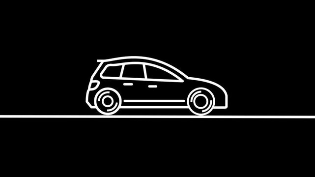 Animated hatchback white icon. Family car line animation. Moving vehicle, spinning wheels. Compact automobile. Isolated illustration on dark background.4k animation.