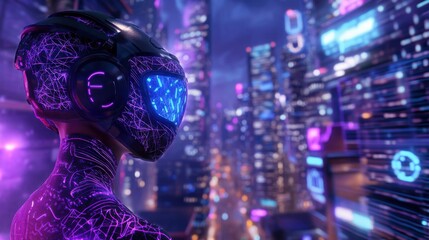 Contemplative young woman in futuristic city at night