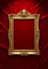 Ornate gold frame against a rich red velvet backdrop evoking opulence and timeless elegance, making it suitable for