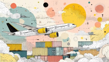 Airplane over shipping containers amidst abstract clouds and shapes