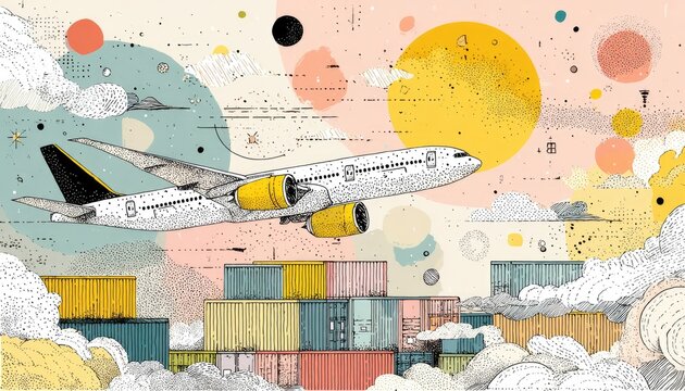 Airplane over shipping containers amidst abstract clouds and shapes