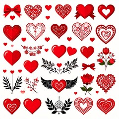 Collection of decorative red hearts and floral elements