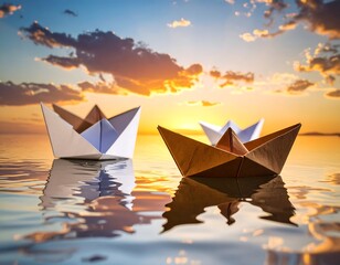 Obraz premium Three origami boats float serenely on calm water at sunset, reflecting in the tranquil surface