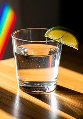 Refreshing crystal clear water with a slice of citrus fruit, sunlit scene