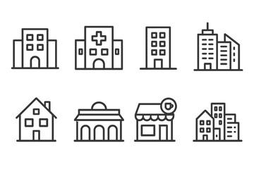 Set of building web icons in line style. Hotel, hospital, apartment, city, town house, mall, coffee shop collection. Vector pictogram illustration on transparent background.