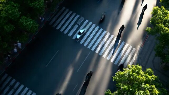 Busy urban intersection during sunset with pedestrians and vehicles navigating crosswalks