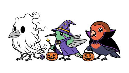 Halloween Bird Crew: A cheerful, whimsical scene of three birds, each decked out in their own Halloween costumes and ready to trick-or-treat, perfect for holiday-themed projects.