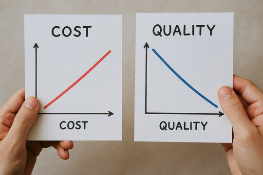 Quality cost balance concept with two graphs showing cost increase and quality decrease for better understanding