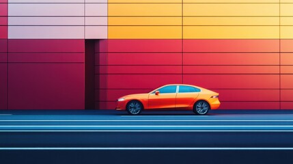 Orange car parked near colorful geometric wall in urban setting