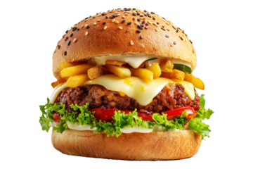 Australia Aussie crispy chicken burger with cheddar cheese, fries, lettuce, tomato, pickles and mayo on sesame bun, isolated on white transparent background