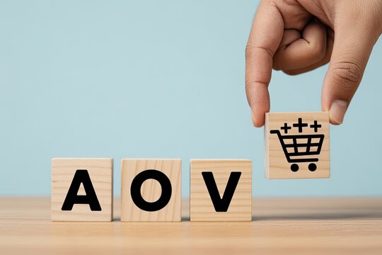 Hand adding shopping cart icon to aov blocks signifying average order value growth