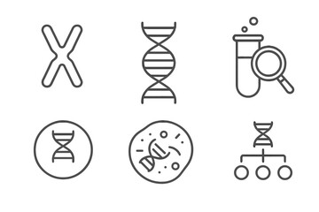 Genetics line icon set. Editable stroke. DNA, chromosome, genome, heredity and gene analysis concepts. Biology science, chemistry research vector pictogram collection.